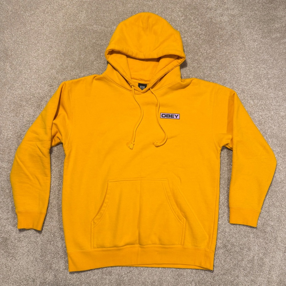 Obey Hoodie Mens Large Yellow Box Logo Pullover Streetwear Graphic Sweatshirt